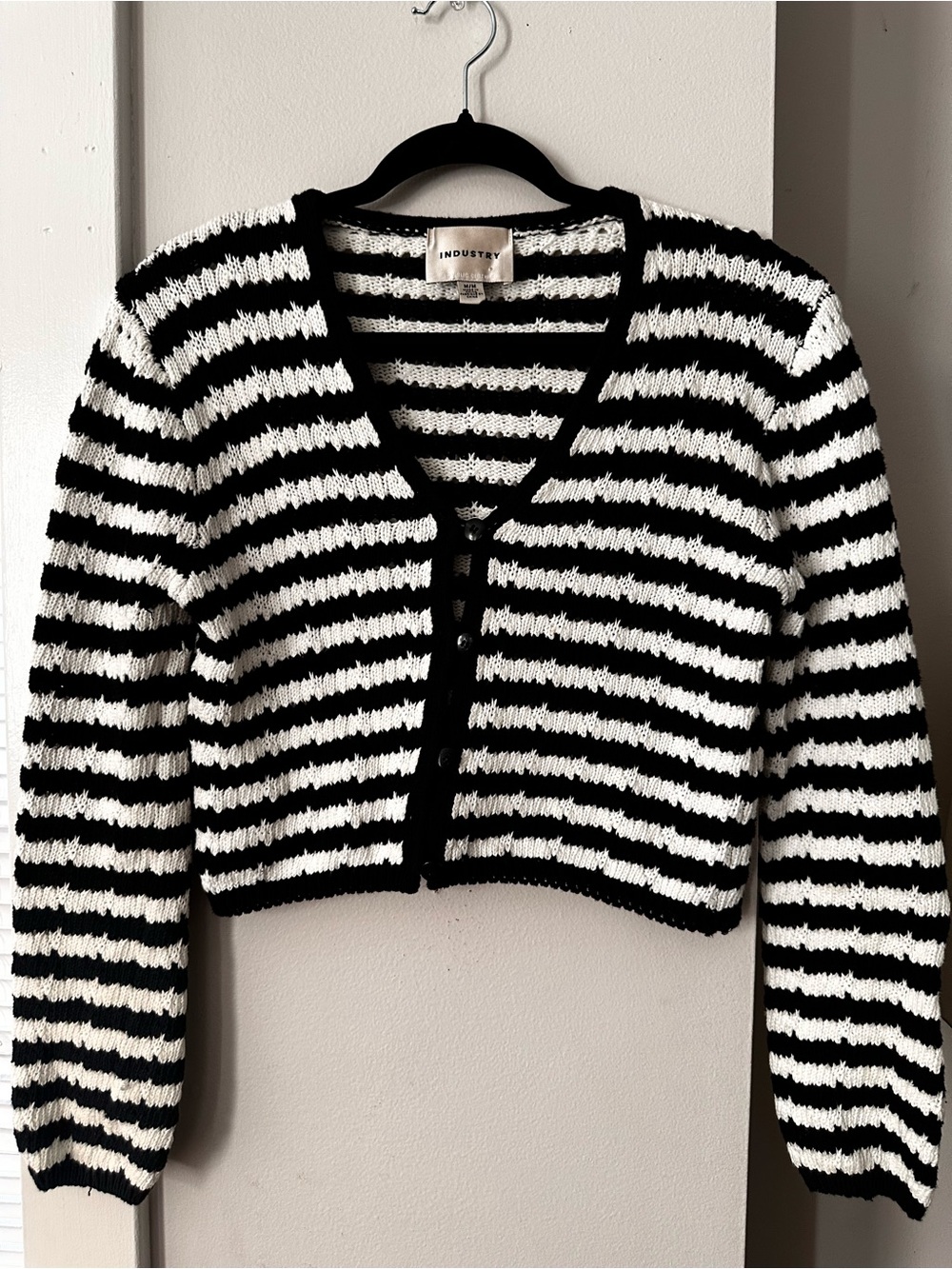 INDUSTRY Black and White Striped V-Neck Cropped Cardigan
